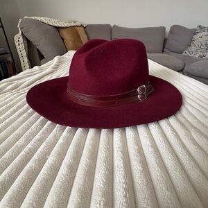 Anthropologie Burgundy Wool Fedora with Double Leather Band